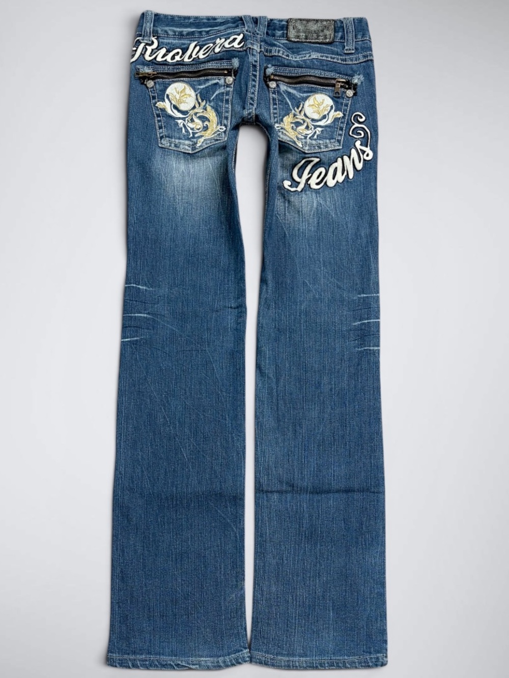 VTG Riobera Jeans Massive Text Ultra Low Rise Bootcut Jeans | Japanese Archive